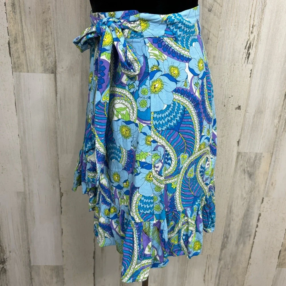 Scoop Paisley Floral Wrap‎ Mini Skirt in Blue and Green